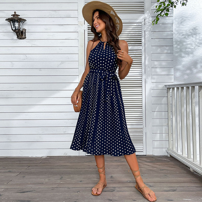 Midi sleeveless dress Frau Polka Dot with tied belt Lune London