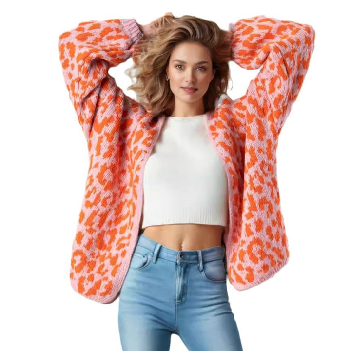 Ladies Chunky Knitted Cardigan with Stylish Leopard Pattern and Comfortable Oversized Details Lune London
