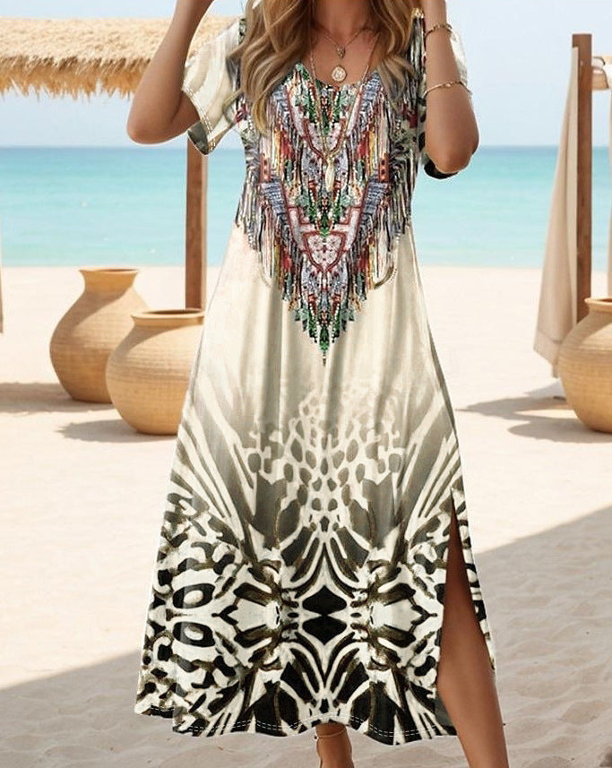 Maxi beach dress for women with a unique ethnic design and chic side slits