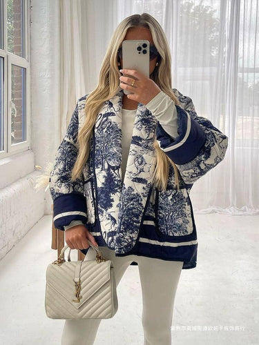 Ladies Oversized Quilted Jacket with Floral Pattern and Contrasting Details Lune London