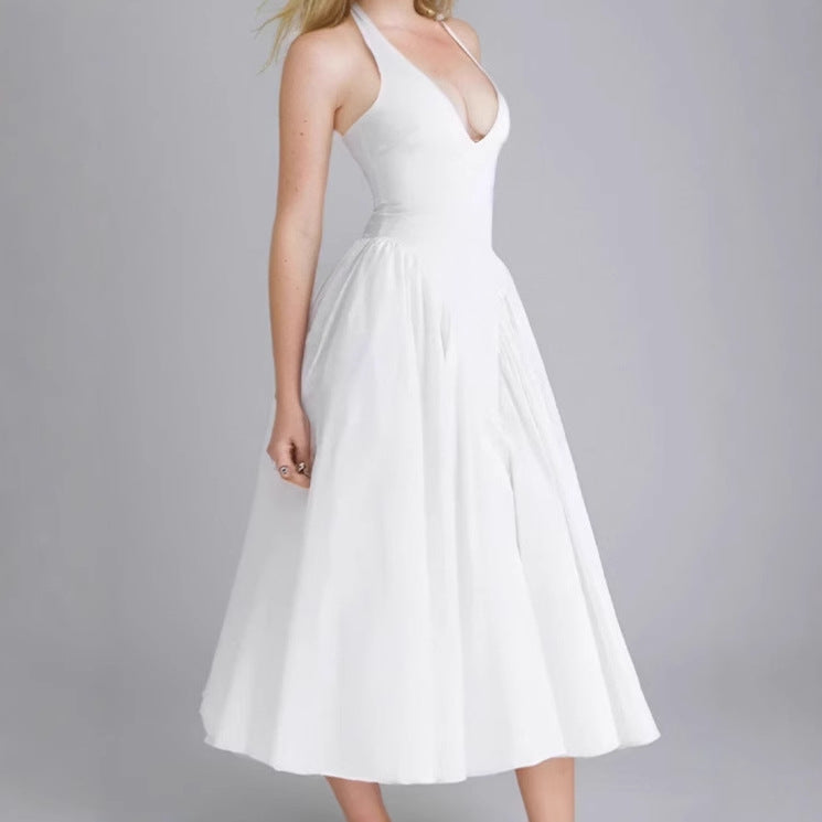 Midi dress for women with plunging V-neck and flowy skirt Lune London