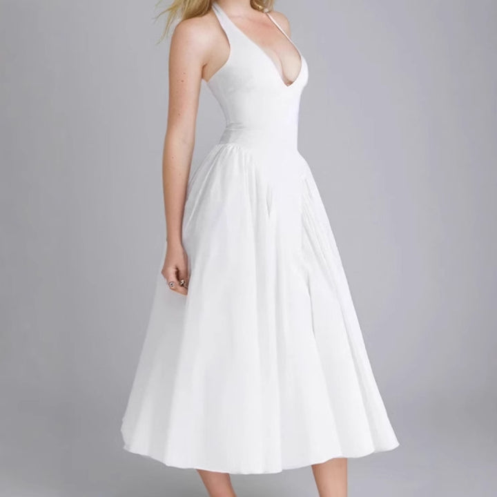 Midi dress for women with plunging V-neck and flowy skirt Lune London