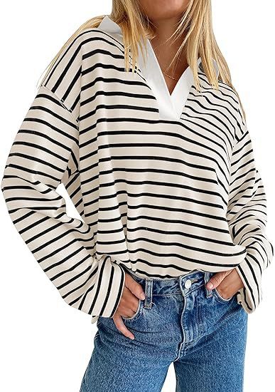 Casual striped summer sweater for women with V-neck and long sleeves Lune London