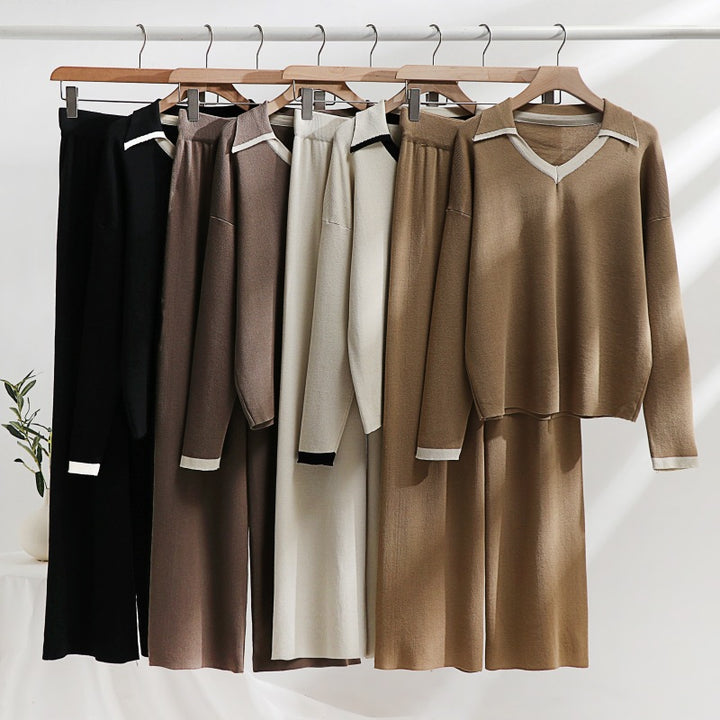 Comfortable knit lounge set for women with contrasting collar and wide leg Lune London