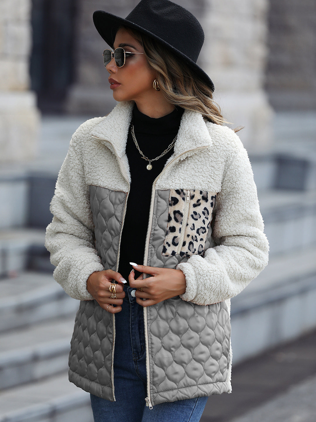 Women's fleece jacket with modern patchwork details and a chic animal print