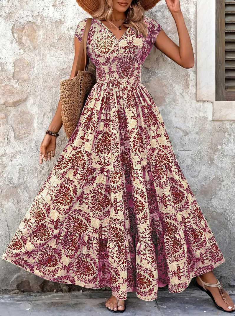 Maxi flower dress for women with V-neck and ruffled hem Lune London