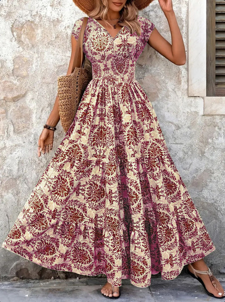 Maxi flower dress for women with V-neck and ruffled hem Lune London