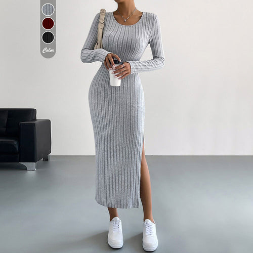 Robe maxi en maille pour femme avec manches longues et fente latérale Chic & Stil