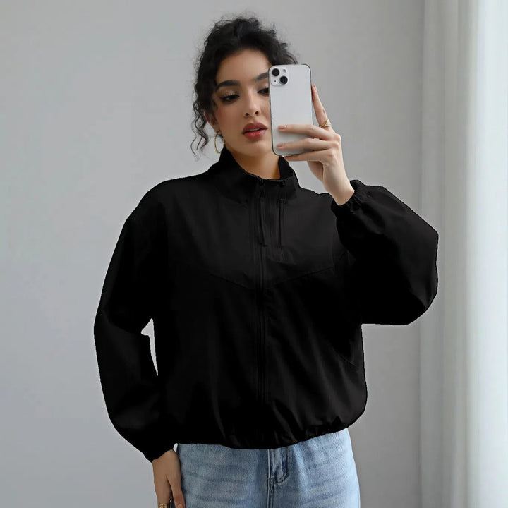 Fashion transitional jacket for women with high collar and elastic waist Lune London