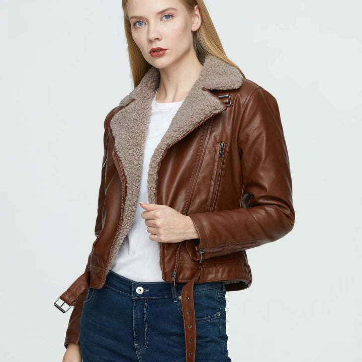 Stylish sheepskin biker jacket for ladies with double zip closure and adjustable belt Lune London