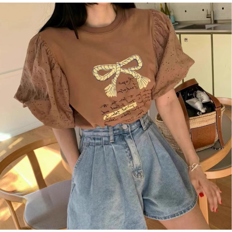 Lune London women's puff sleeve graphic tee set and high waisted denim shorts
