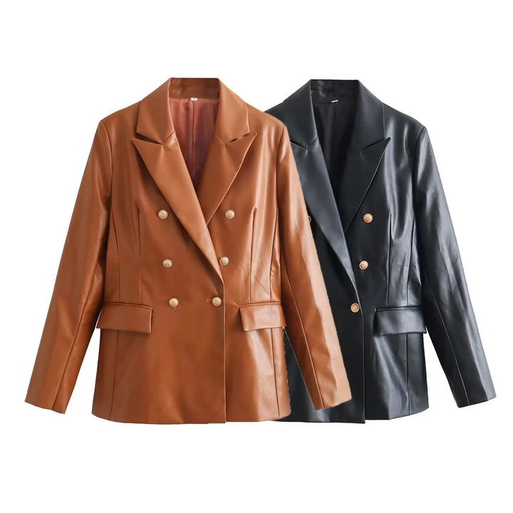 Elegant faux leather blazer jacket for women with double-breasted buttons and gold accents Lune London