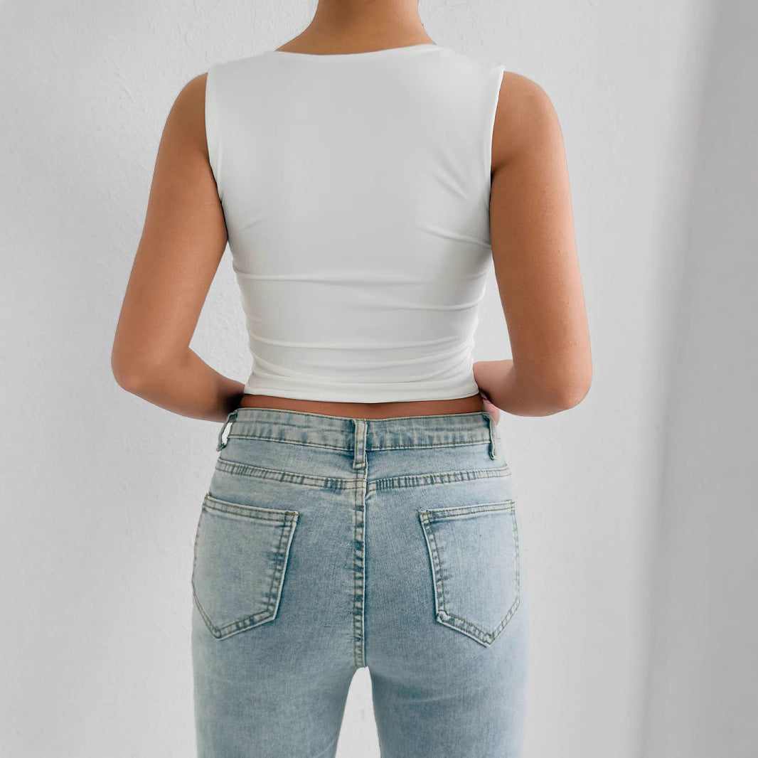 Women fitted crop top with deep V-neck Lune London