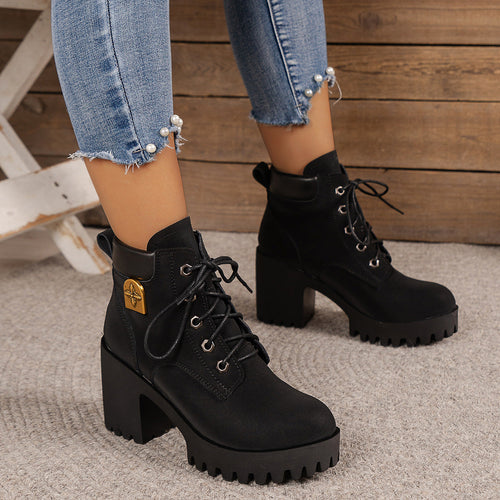 Women Chunky Heel Combat Boots with Sturdy Sole and Stylish Lacing Lune London