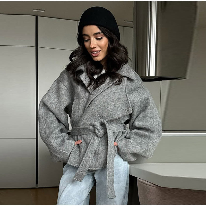 Ladies Cozy Wool Jacket with Loose Fit and Chic Waist Tie