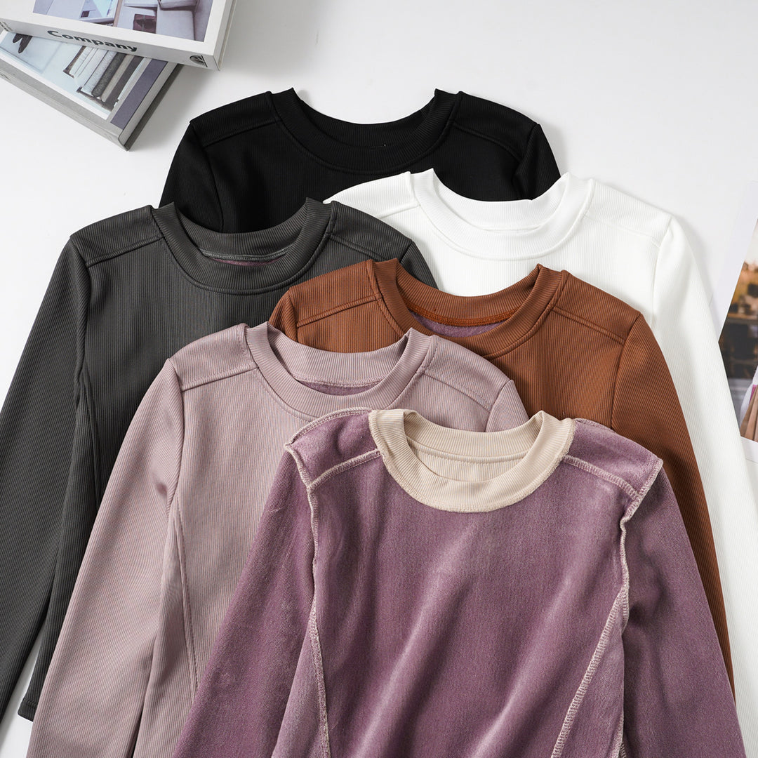 Ladies fashionable cropped long sleeve shirt with ribbed texture Chic & Stil