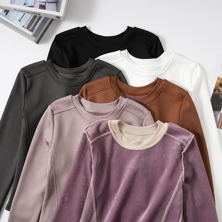 Ladies fashionable cropped long sleeve shirt with ribbed texture Chic & Stil