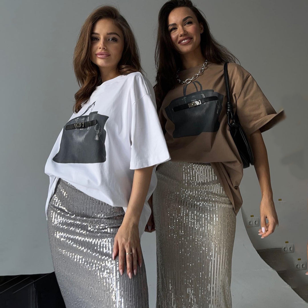 Oversized t-shirt for women with trendy handbag print Lune London
