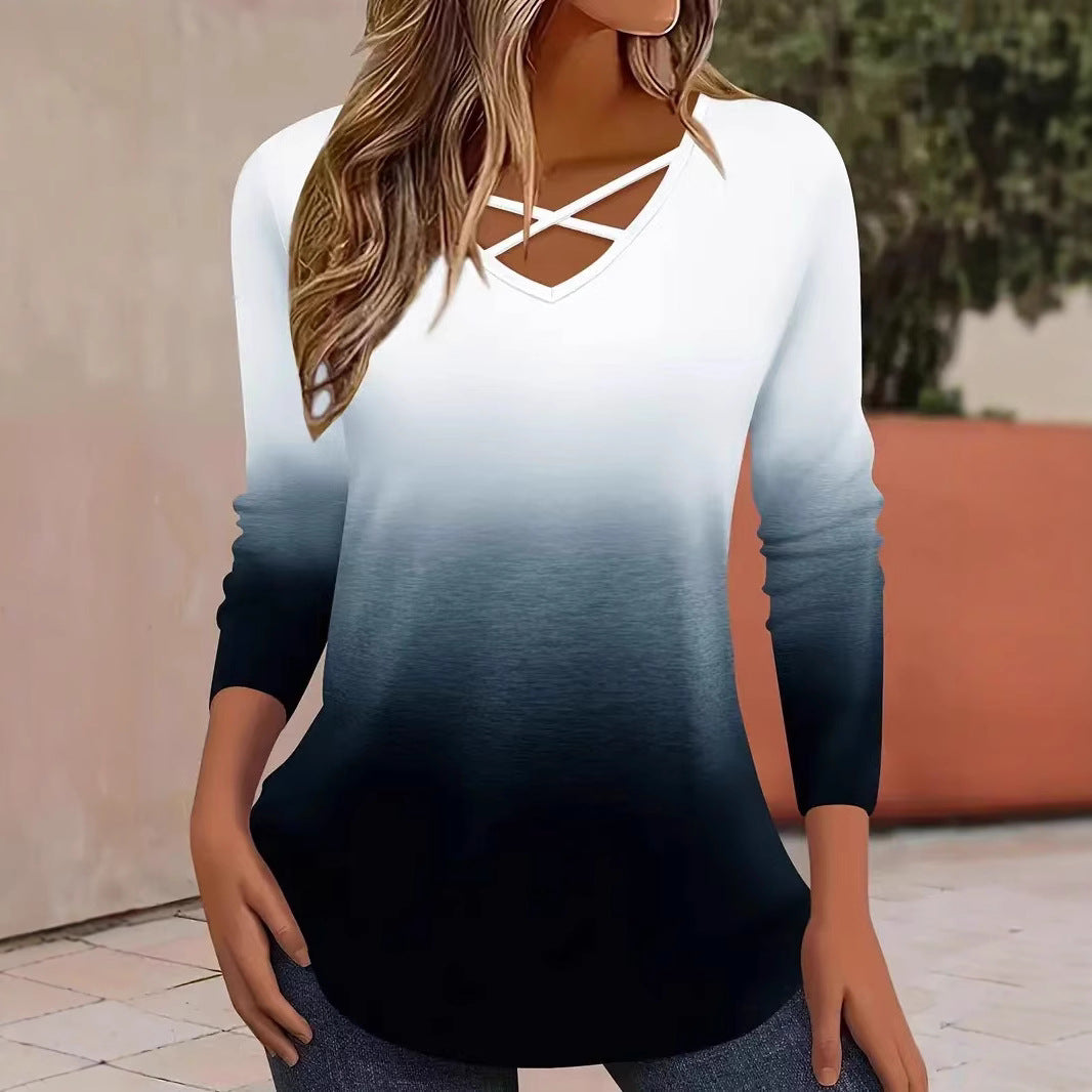 Long sleeve women's t-shirt with V-neck and gradient Lune London