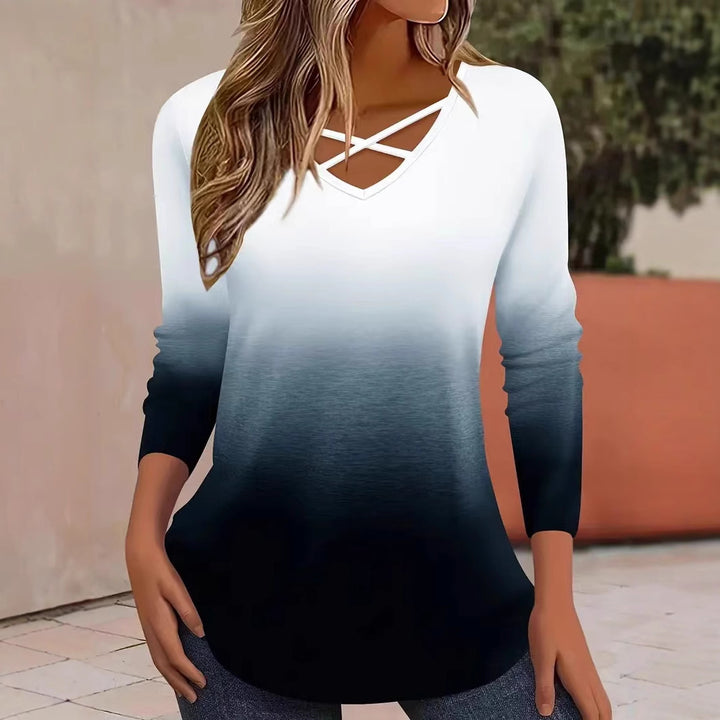 Long sleeve women's t-shirt with V-neck and gradient Lune London