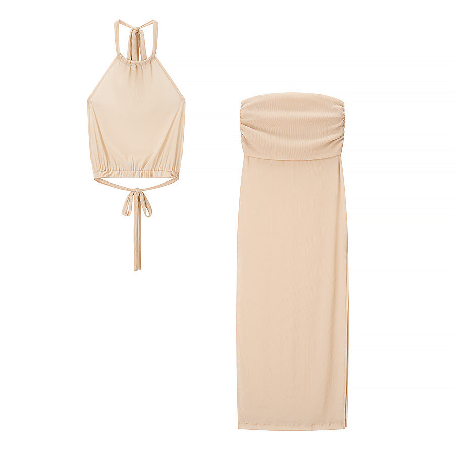 Women's set consisting of an elegant crop-top and a fitted skirt with ruching Lune London