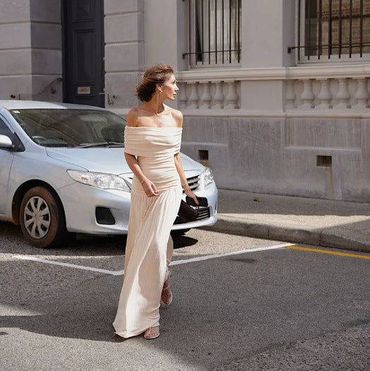 Elegant off-shoulder maxi dresses for women with pleated details and flattering cut Lune London