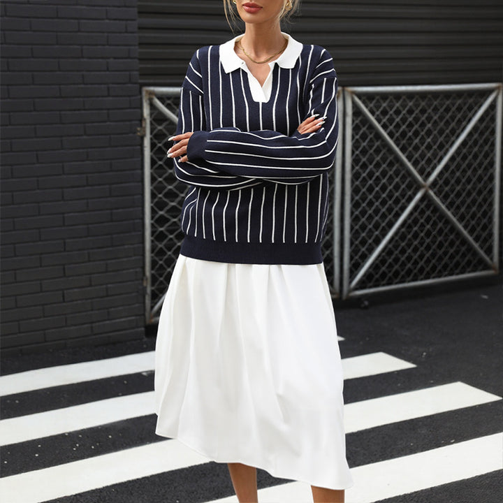 Knit sweater for ladies with elegant collar and striped pattern Lune London
