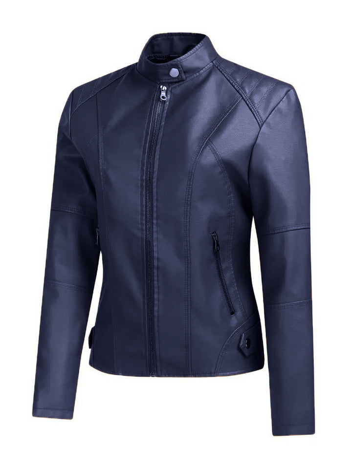 Ladies Elegant Synthetic Leather Motorcycle Jacket with High Collar and Asymmetric Zipper Lune London