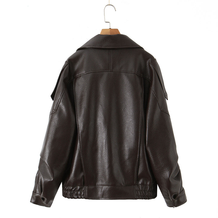 Fashionable women’s synthetic leather jacket with erotic lapels and elastic hem Lune London