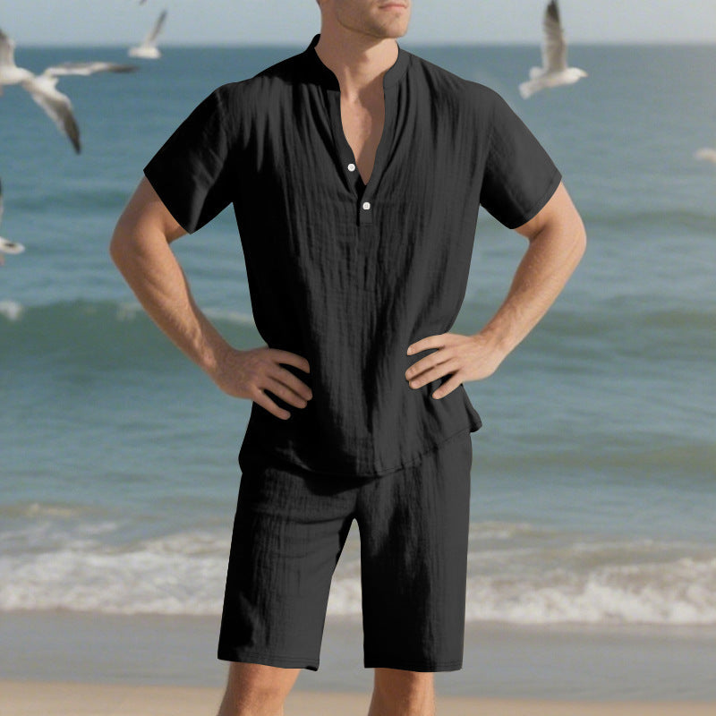 Elegant men's short sleeve set with innovative button placket and comfortable pants Lune London