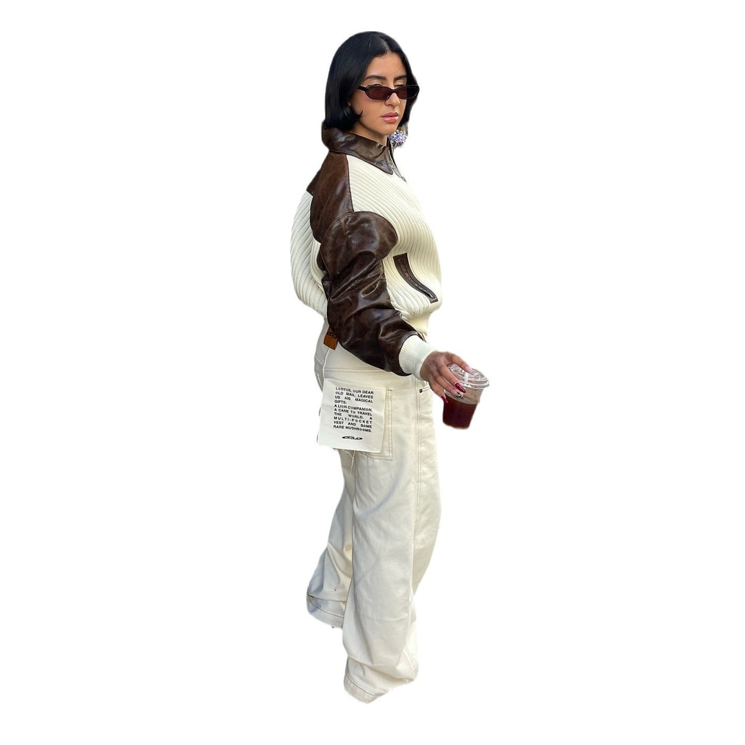 Oversized women's knit cardigan with leather sleeves and modern accents Lune London