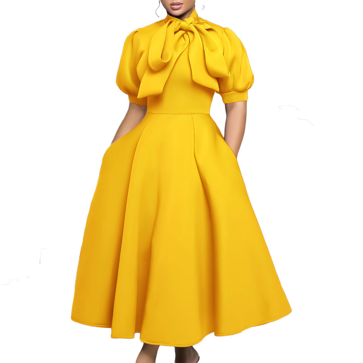 Midi dress for women with an elegant bow and puff sleeves Lune London