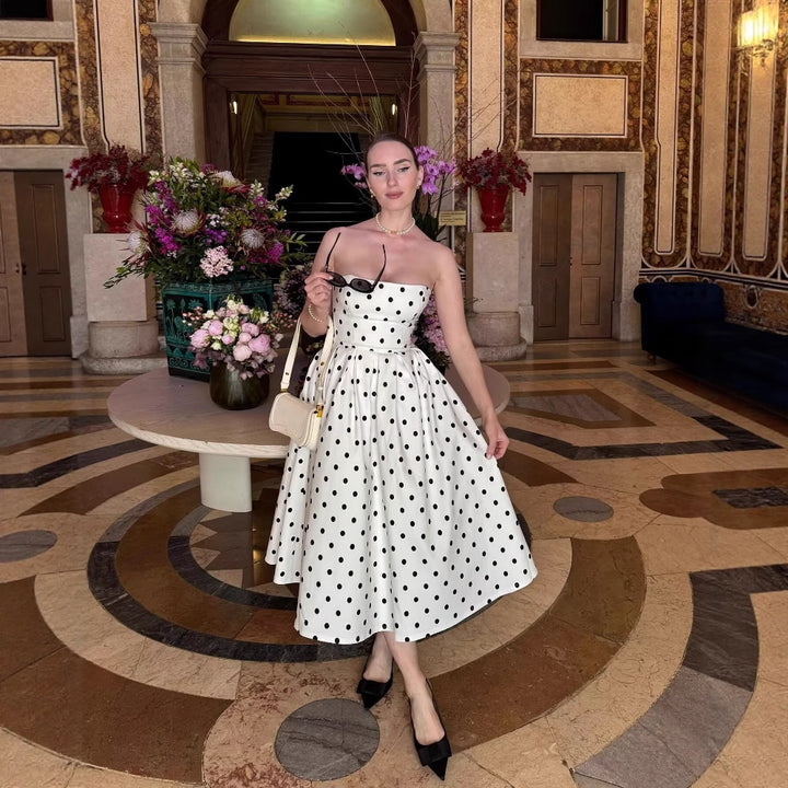 Polka dot cocktail dress for women with refined skirt Lune London