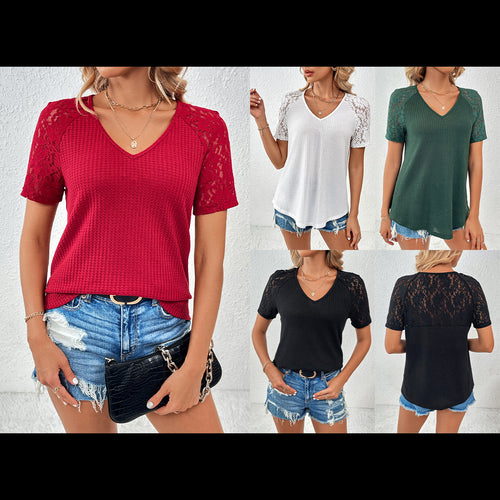 Ladies elegant V-neck top with lace sleeves and textured pattern Lune London