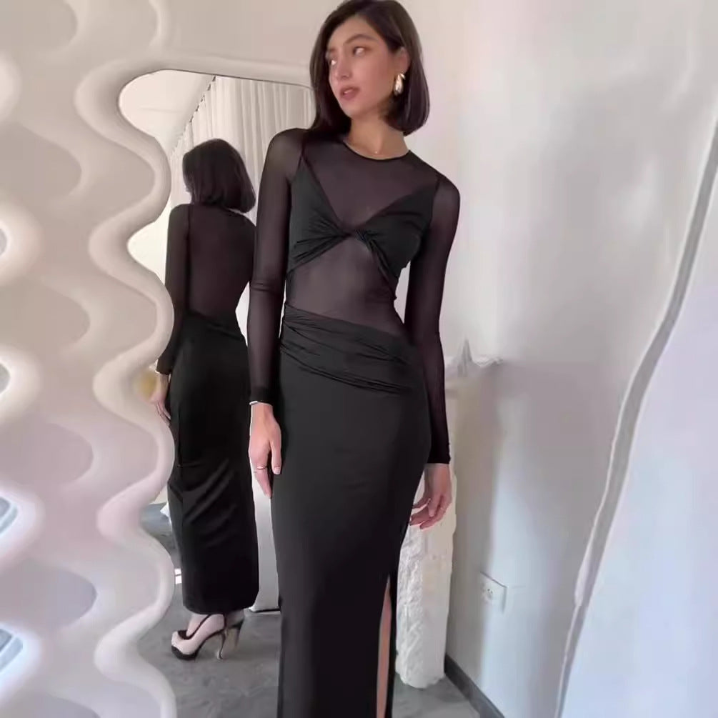 Ladies Elegant Maxi Dress with Transparent Inserts and Chic Ruffles