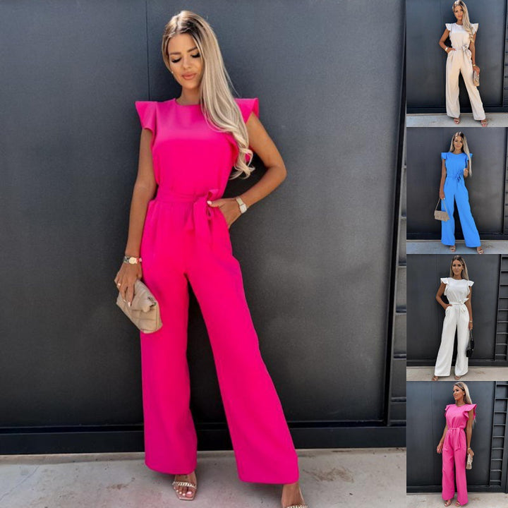Women Fluid Wide Leg Jumpsuit with Ruffled Sleeves Lune London