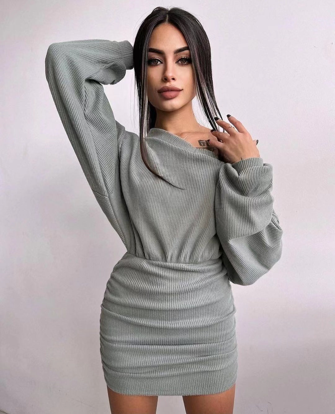 Mini dress for women with asymmetrical design and wide collar Lune London