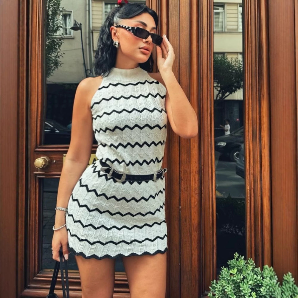 Knitted dress for ladies with wavy pattern and elegant racerback Lune London