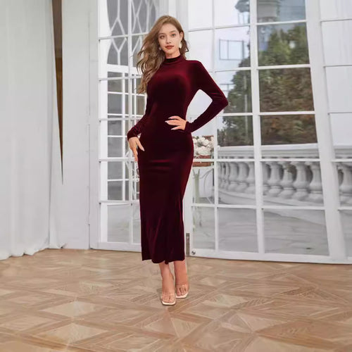 Elegant Velvet Maxi Dress for Women with High Neck and Chic Fitted Cut
