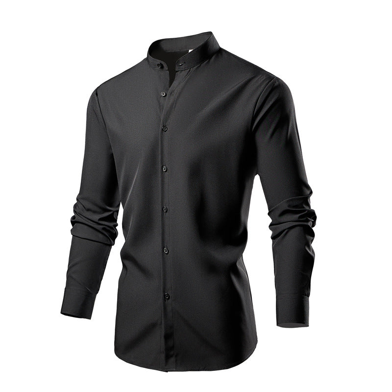 Long sleeve kimono shirt for men with modern stand collar and stylish button details Lune London