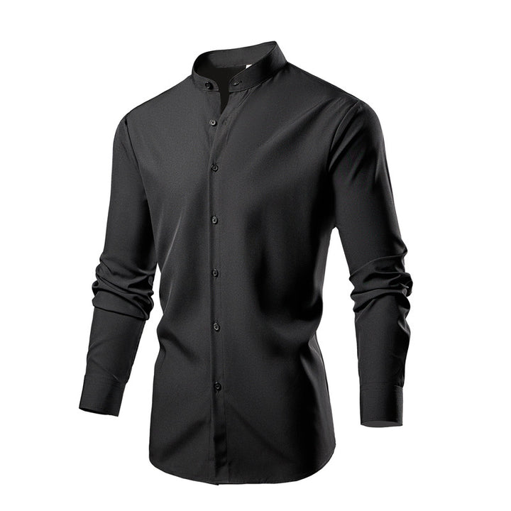 Long sleeve kimono shirt for men with modern stand collar and stylish button details Lune London