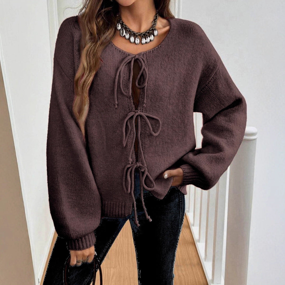 Comfortable knitted sweater for women with decorative lacing detail and wide sleeves Lune London