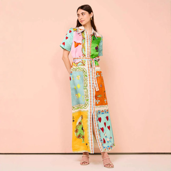 Maxi dress women in patchwork with colorful patterns and a belt at the waist Chic & Stil