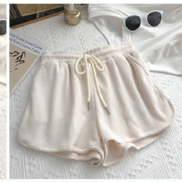 Women's casual waffle texture shorts with adjustable drawstring and elastic waistband