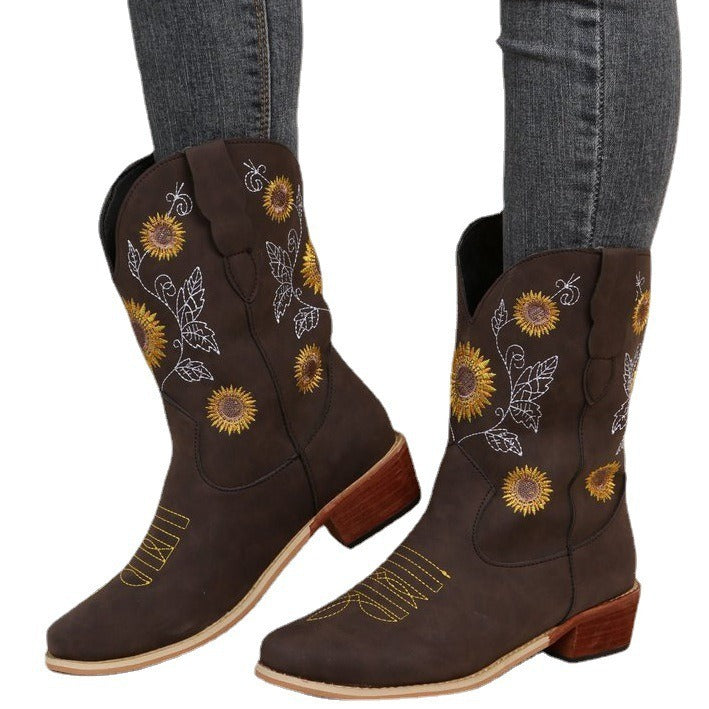 Women's cowboy boots with embroidered floral design and sturdy block heel Lune London