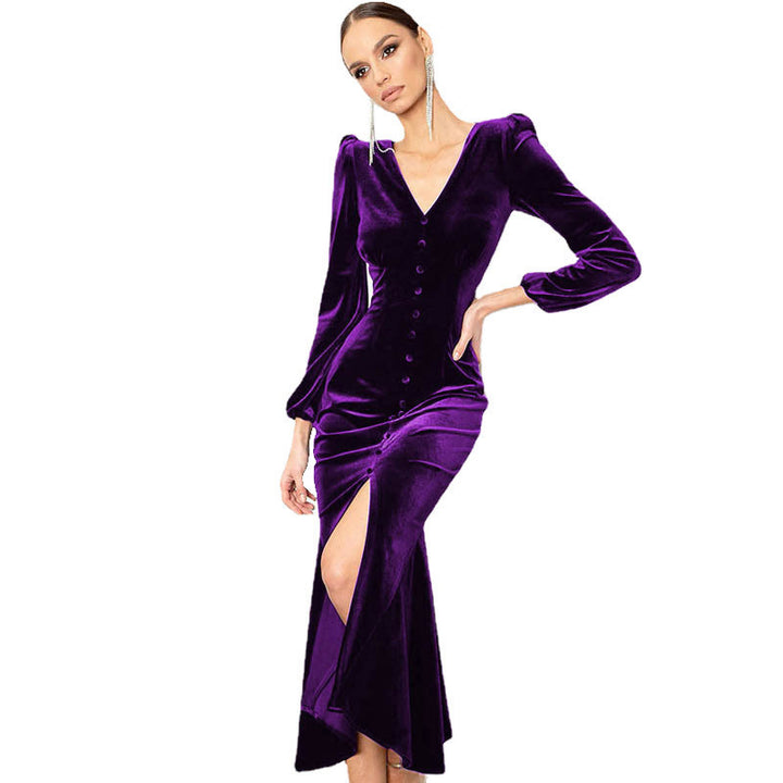 Maxi velvet dress for women with deep V-neckline and button details Lune London