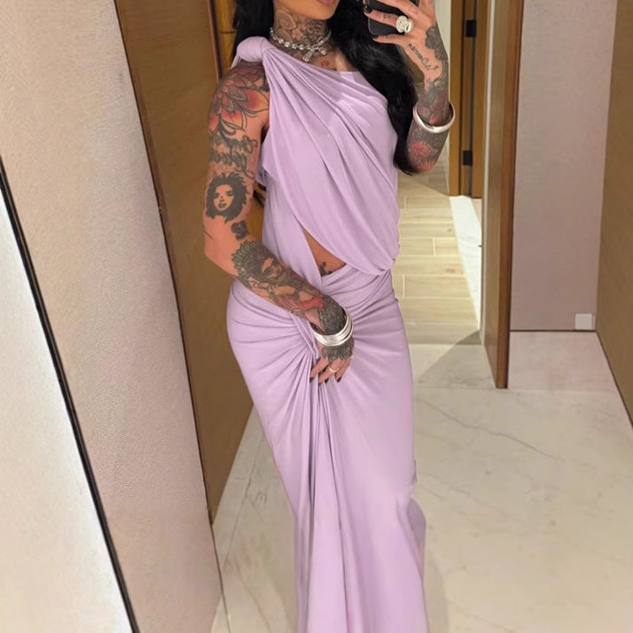 Ladies elegant wrap dress with asymmetric cut and ruffle details Lune London