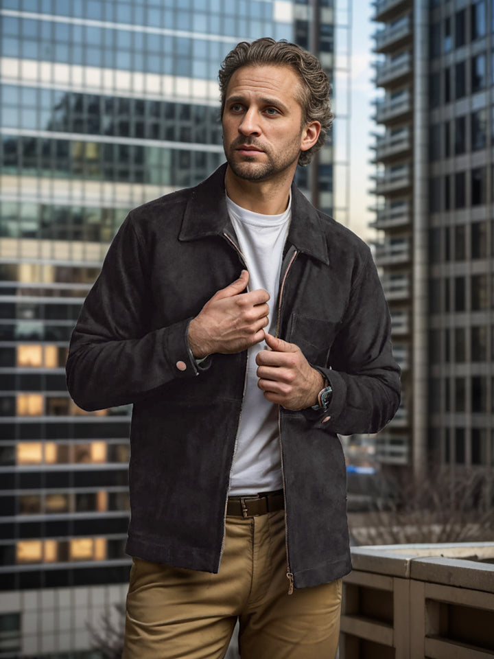 Men's suede jacket with high collar and practical chest pocket Lune London
