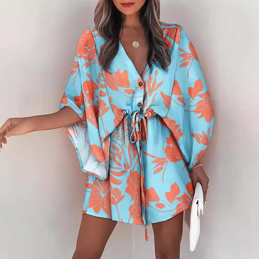 Shirt dress women with floral design and V-neck Lune London