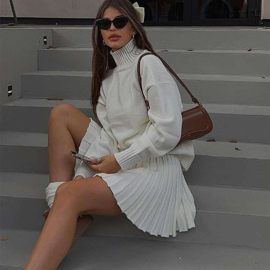 Knit sweater for women with high neckline and pleated mini skirt Lune London